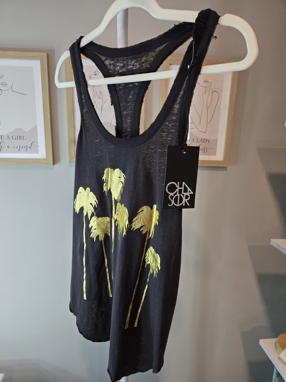 🌴NWT Chaser Black Racerback Tank with Metallic Palm Trees